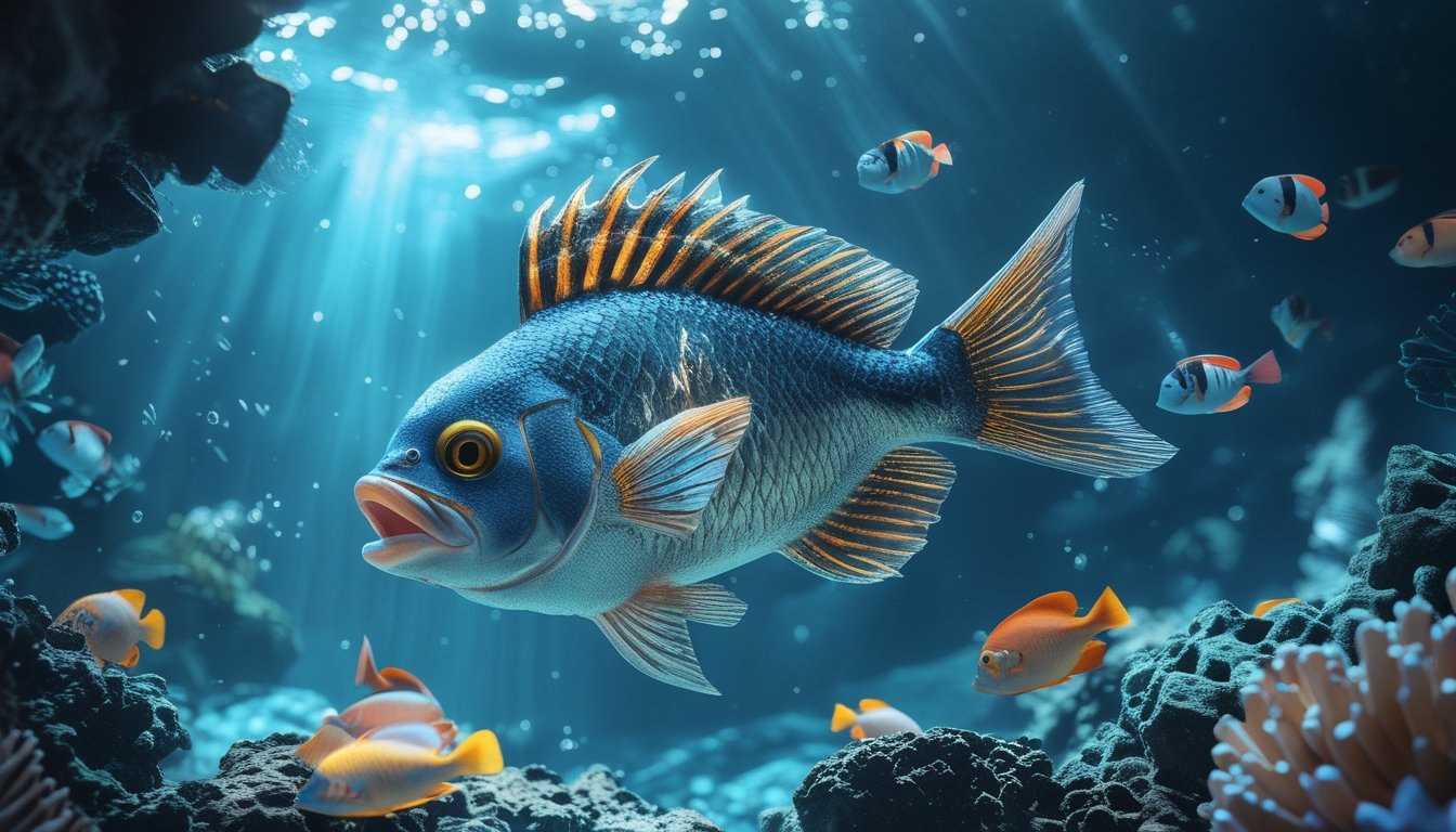 Ikan boss langka berukuran besar muncul di antara ikan-ikan tropis dalam lingkungan bawah laut yang bercahaya.