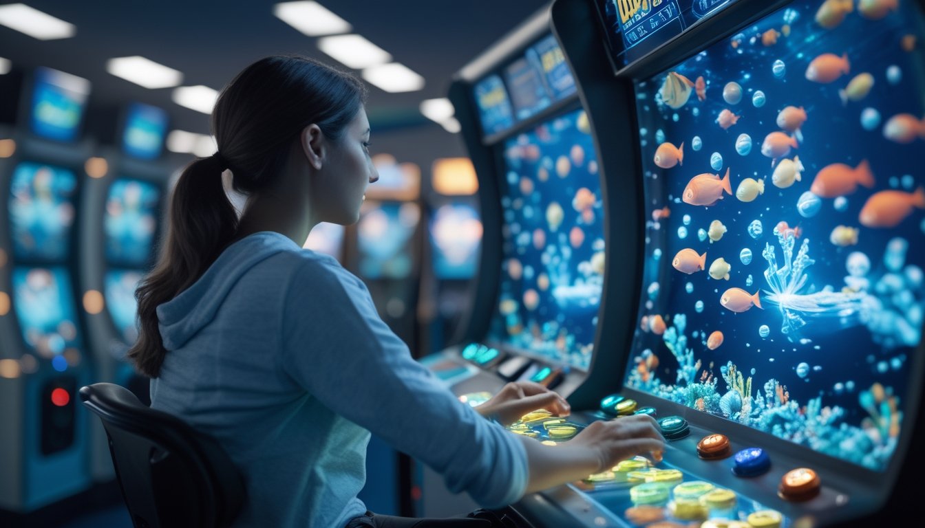 Seorang pemain mengamati permainan tembak ikan 3D di mesin arkade dengan fokus dan berhati-hati.