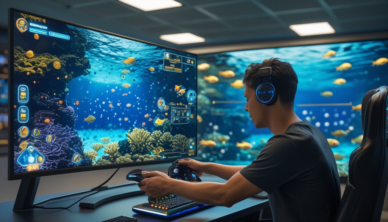 Pemain mengarahkan senjata pada permainan menembak ikan 3D di depan layar yang menampilkan dunia bawah laut.
