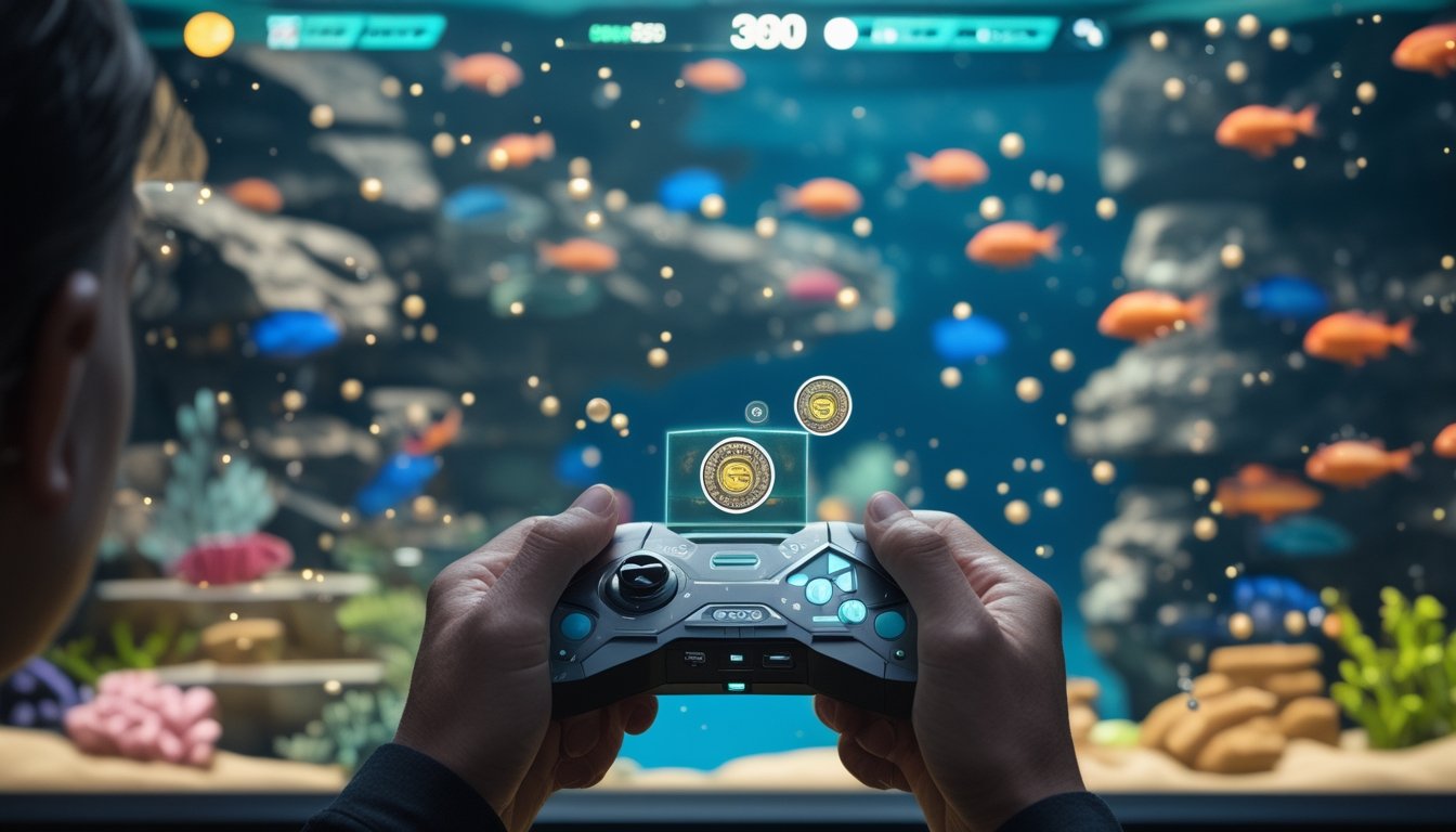 Pemain mengatur tembakan pada permainan ikan 3D dengan ikan warna-warni dan peluru bercahaya di layar.