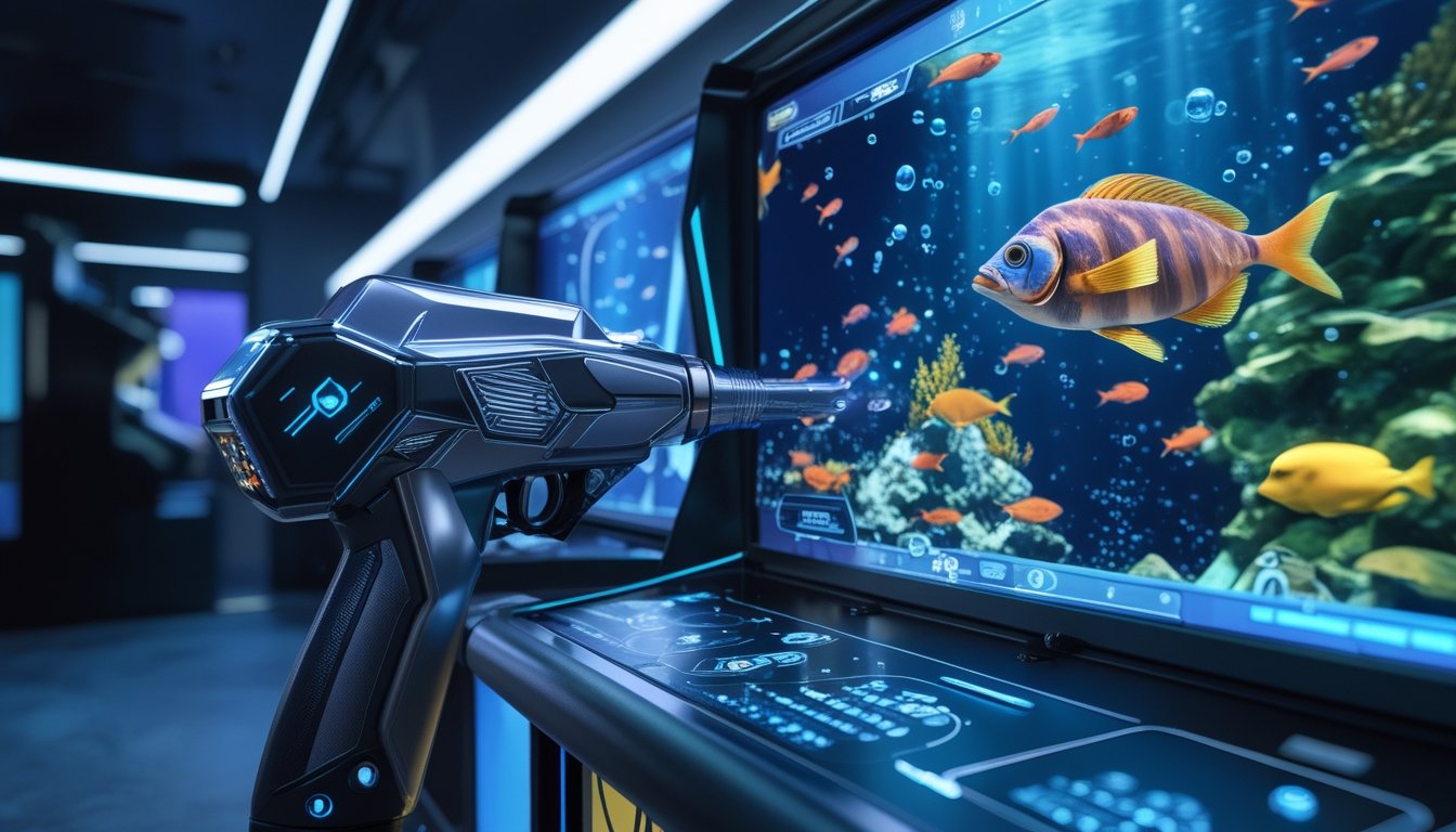 Mesin permainan arcade bertema bawah laut menampilkan ikan tropis dan pengendali blaster futuristik.