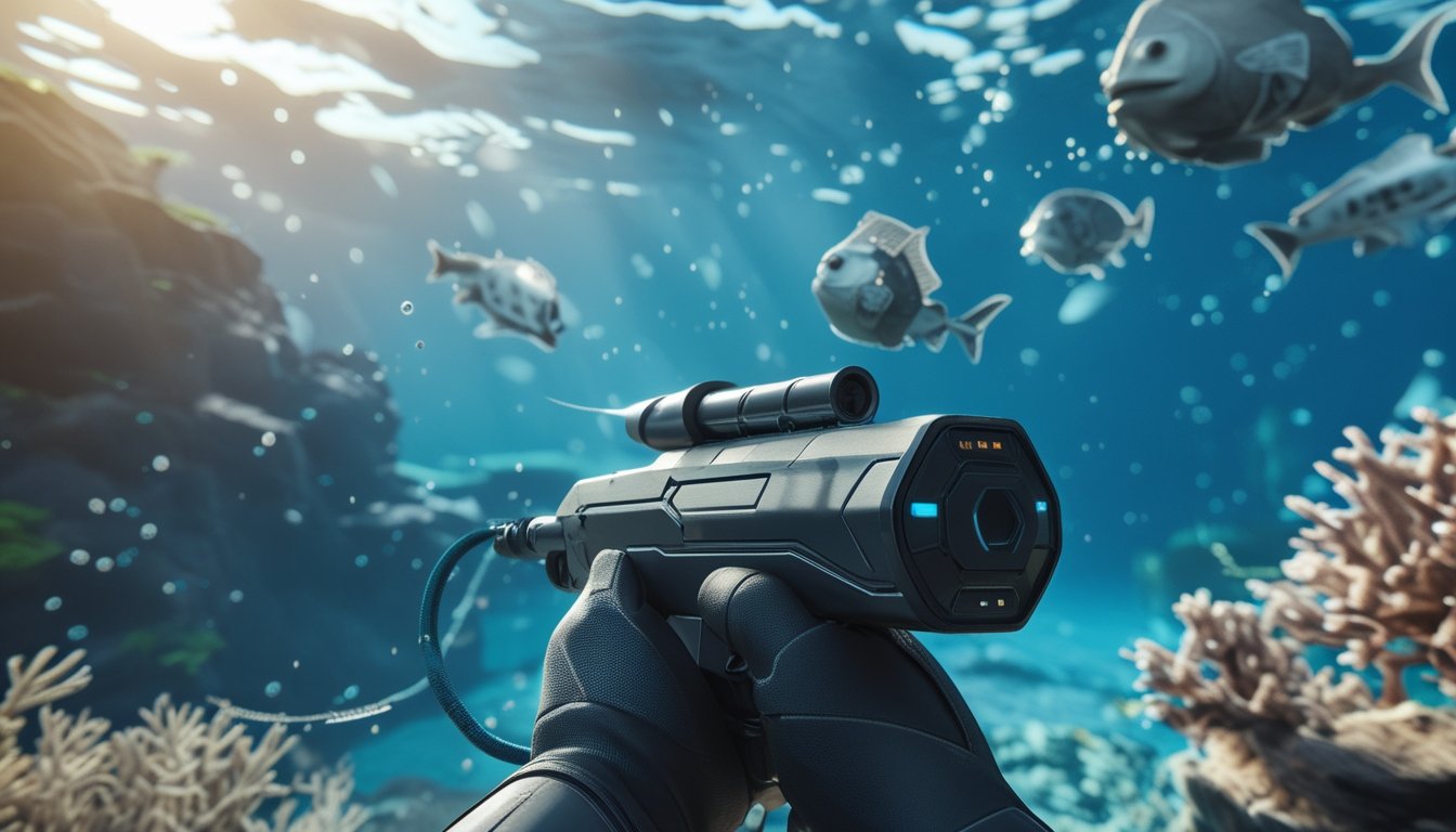 Pemandangan bawah laut dengan peluncur harpun futuristis yang mengarah ke beberapa target berbentuk ikan.