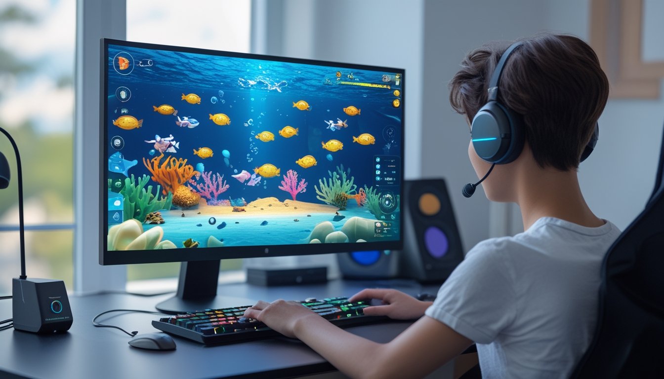 Seseorang belajar memainkan permainan menembak ikan 3D di komputer dengan tampilan dunia bawah laut berwarna-warni.