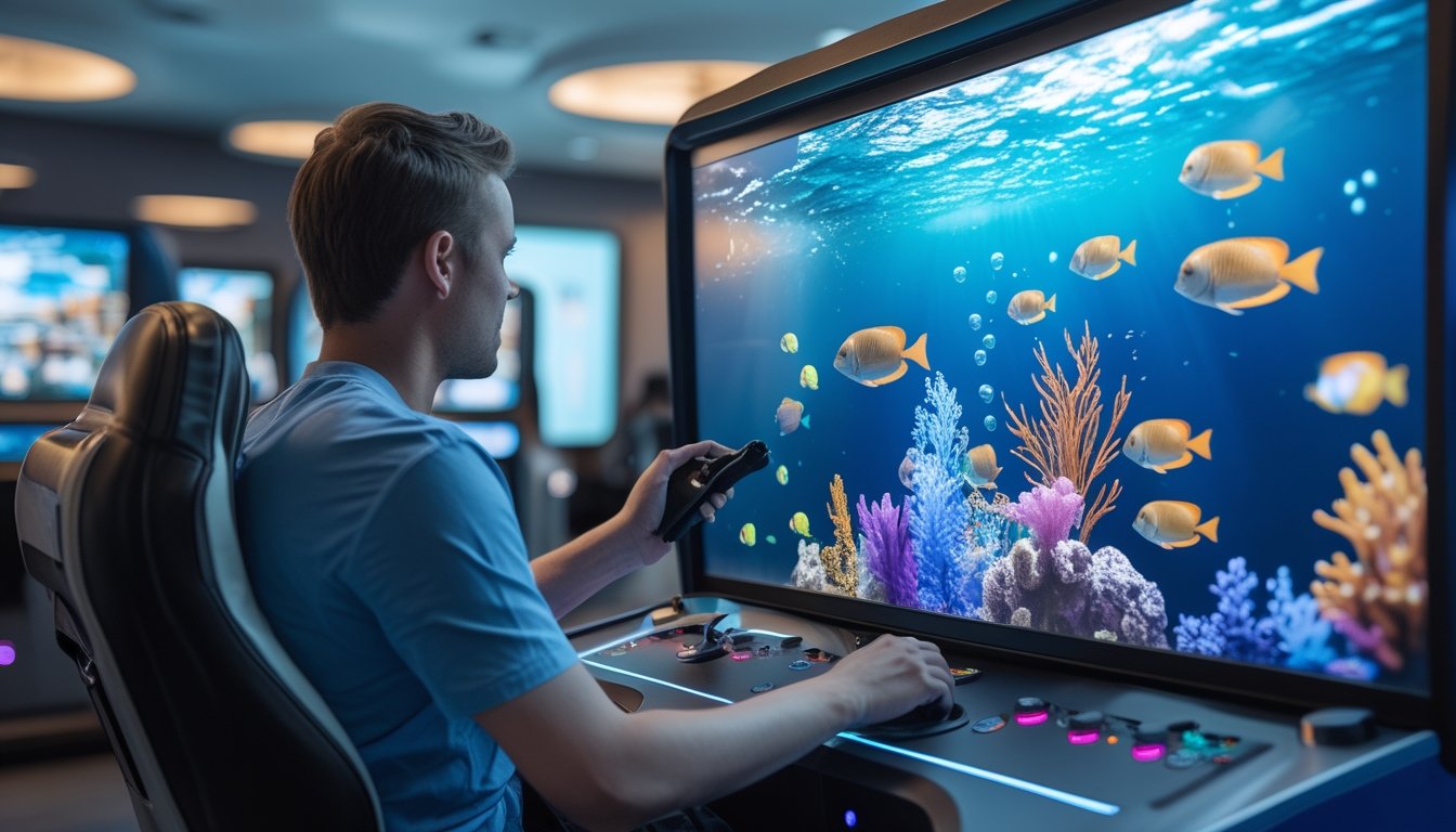Seorang pemula bermain gim tembak ikan 3D di konsol arkade dengan tampilan dunia bawah laut yang penuh ikan dan terumbu karang.