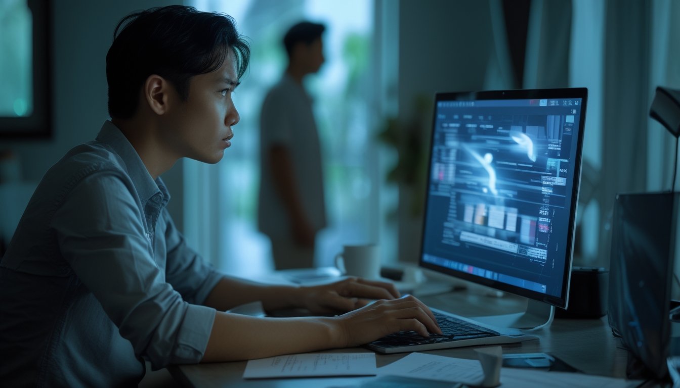 Seseorang tampak cemas di depan laptop dengan suasana rumah yang tegang dan anggota keluarga yang khawatir.