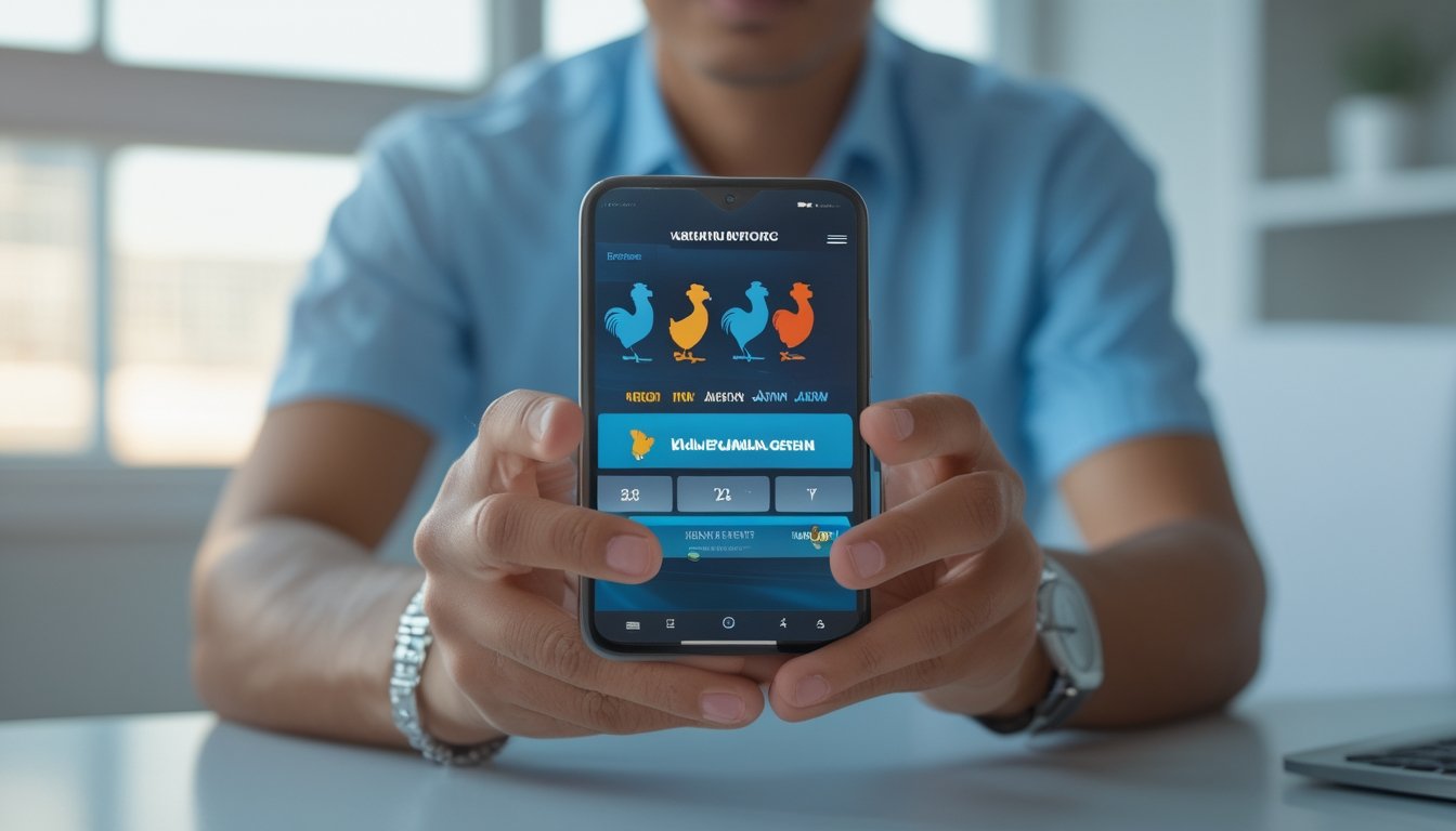 Seorang pria menggunakan ponsel Android di meja dalam ruangan yang terang.