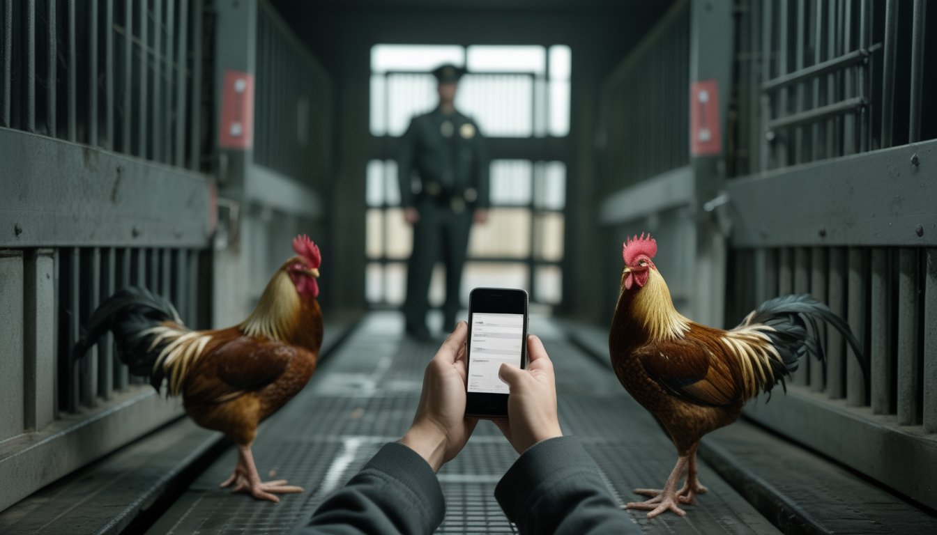 Ayam jantan berada dalam kandang terpisah sementara seseorang memegang ponsel di area yang menunjukkan risiko hukum.
