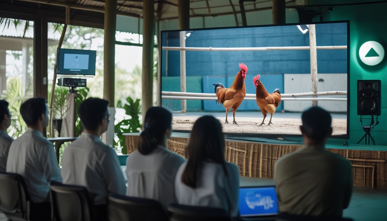 Sekelompok orang dewasa menonton siaran langsung ayam jantan di layar dalam ruangan modern.