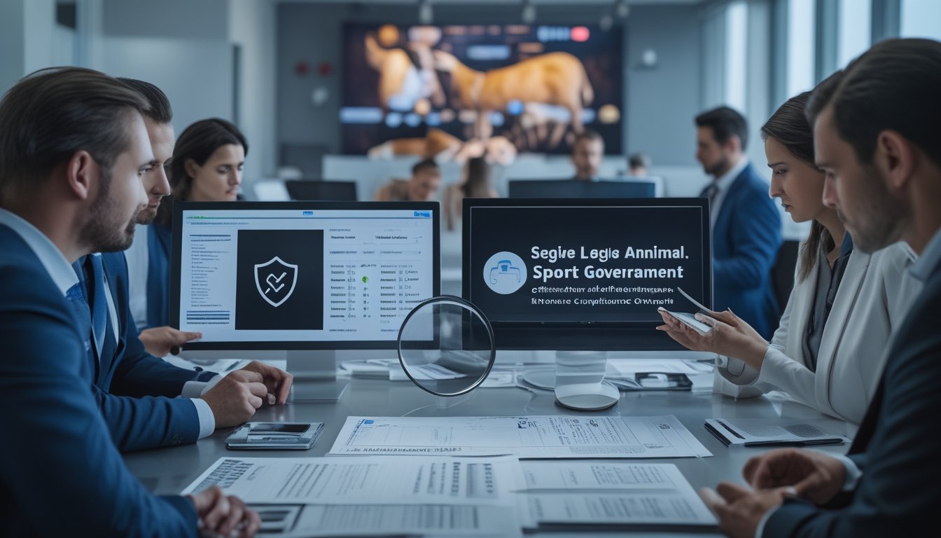 Tim profesional meninjau kepatuhan dan keamanan platform siaran digital di kantor modern.