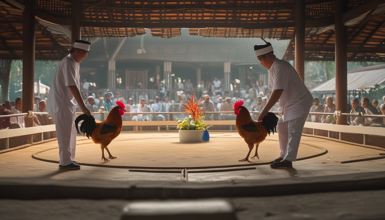 Arena sabung ayam yang tertata dengan dua ayam jantan dan para penonton di belakang pembatas.