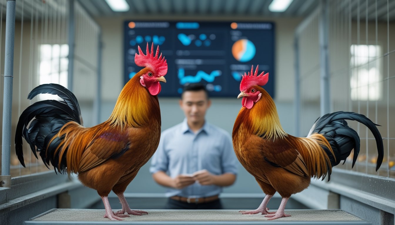 Seorang perawat mengamati dua ayam jantan sehat di fasilitas pemeliharaan yang bersih dengan perangkat digital di latar belakang.