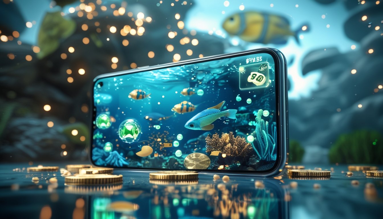Ponsel menampilkan permainan memancing ikan bawah laut dengan ikan tropis, terumbu karang, efek cahaya, dan koin digital.
