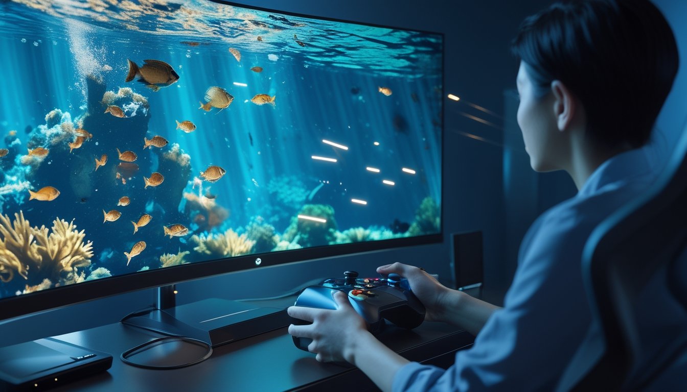 Pemain menggunakan pengontrol untuk memainkan gim menembak ikan 3D dengan pemandangan bawah laut berwarna-warni di layar besar.