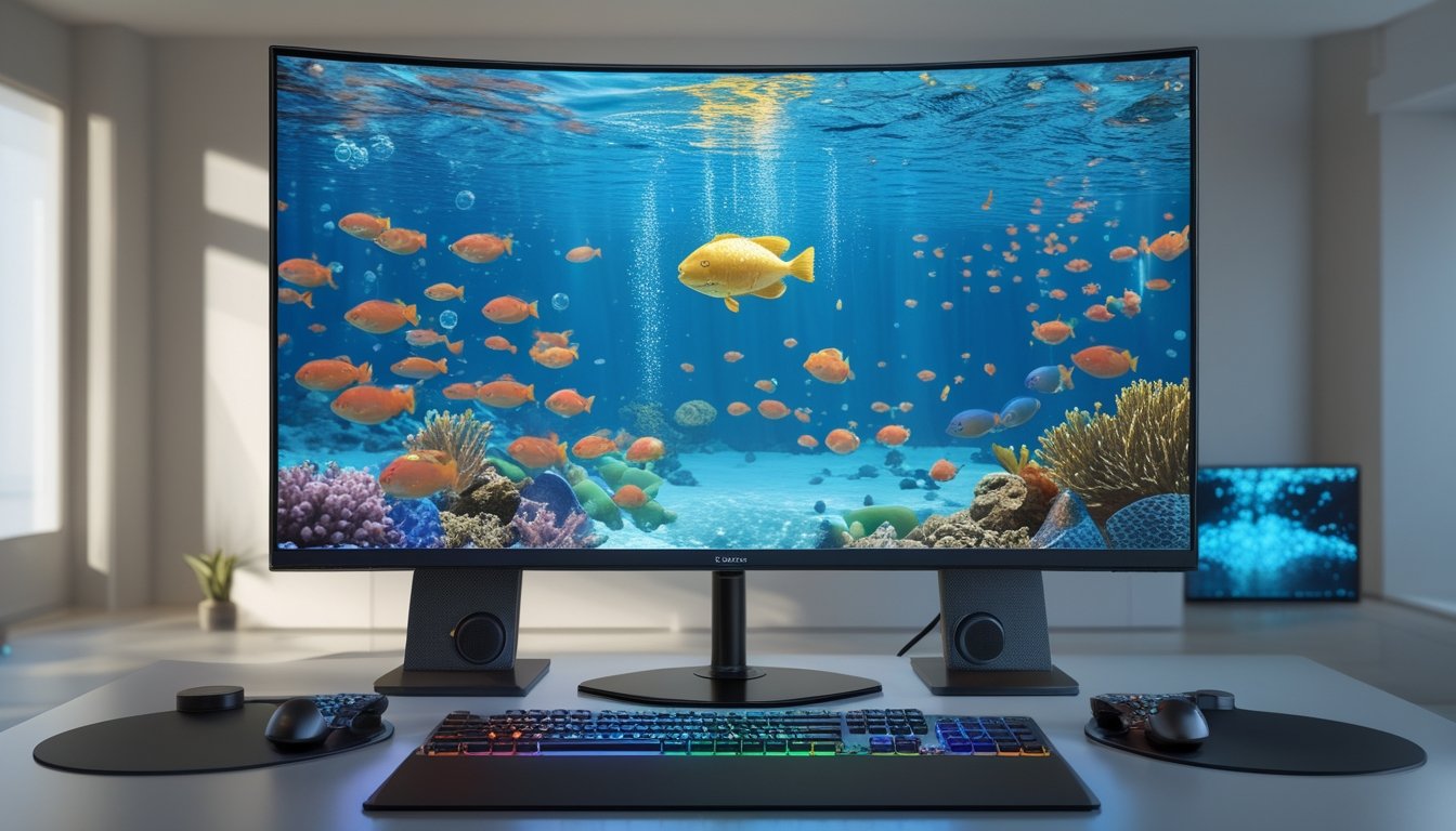 Monitor menampilkan permainan tembak ikan 3D di lingkungan bawah laut yang penuh warna.