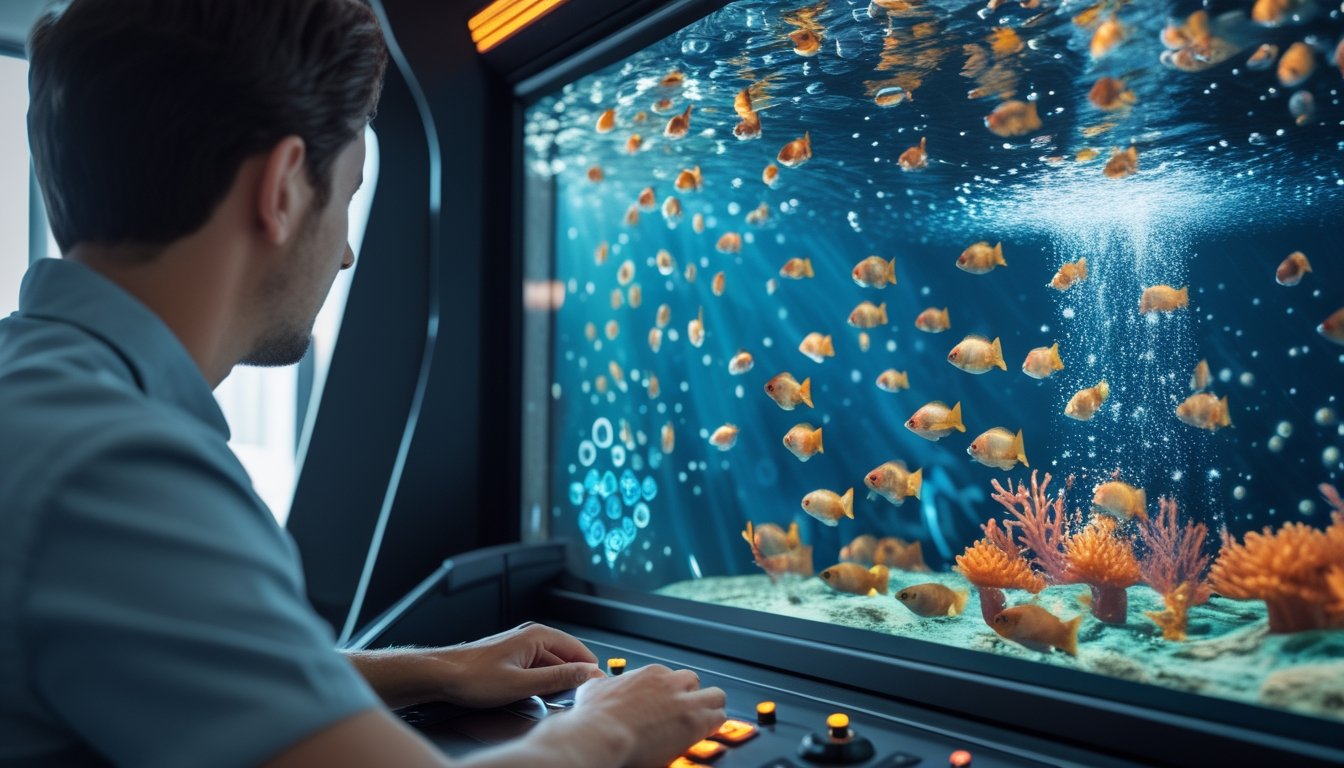 Pemain mengamati pola ikan bawah laut 3D sambil mengoperasikan mesin permainan tembak ikan.