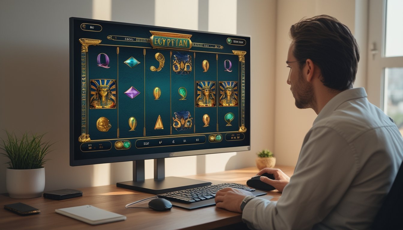 Seorang pemula mengamati permainan slot bertema Mesir kuno di monitor komputer dengan buku catatan di sampingnya.
