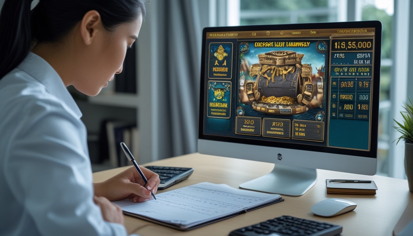 Seseorang meninjau anggaran dan grafik keuangan di meja kerja dengan laptop bertema permainan petualangan.