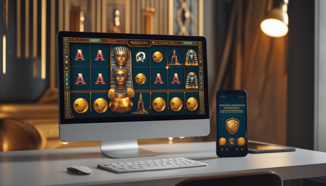Monitor dan ponsel menampilkan permainan slot bertema Mesir dengan simbol keamanan di meja modern.