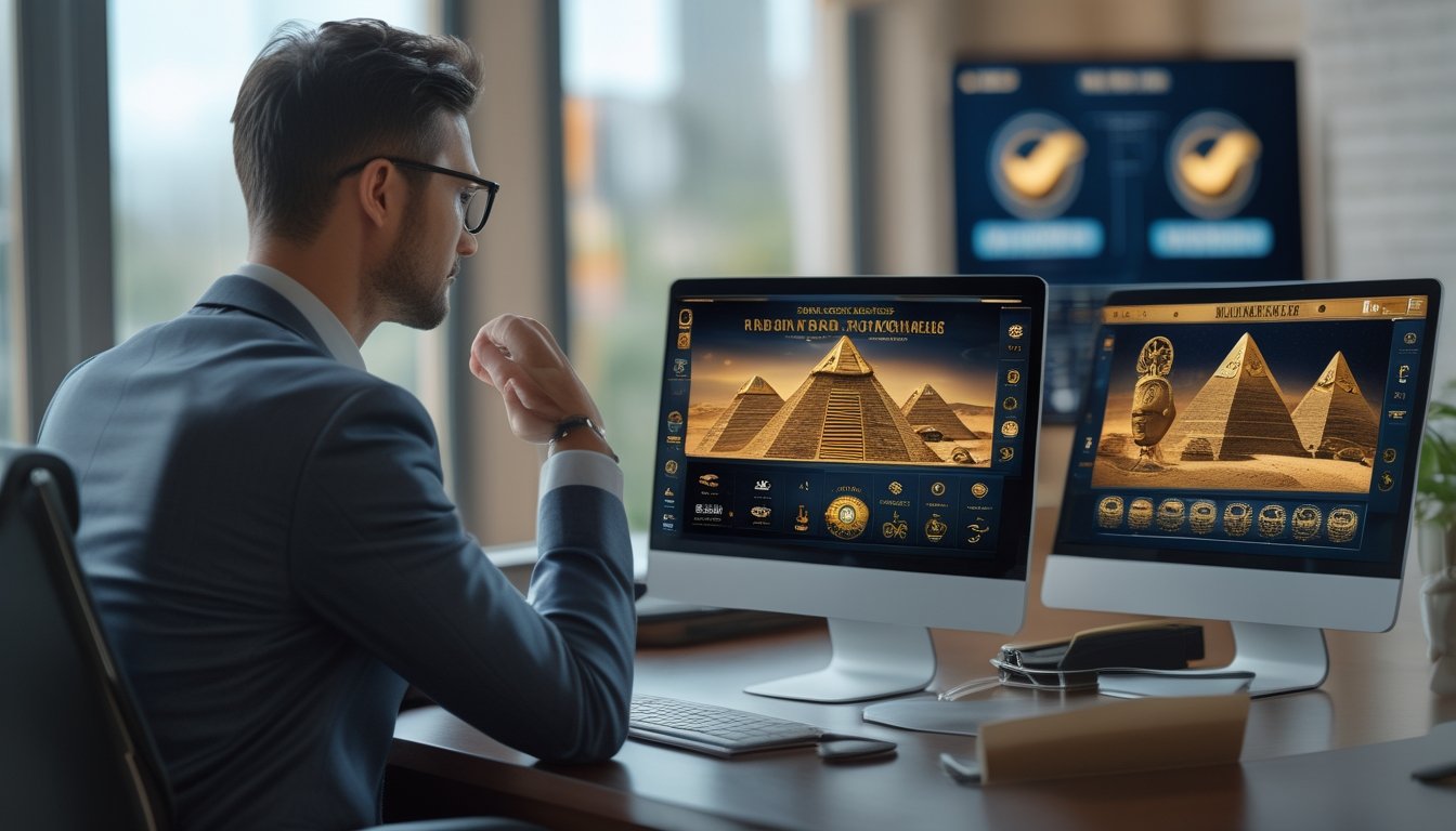 Analis memeriksa keamanan dan kualitas situs slot resmi bertema Mesir kuno melalui laptop di kantor modern.