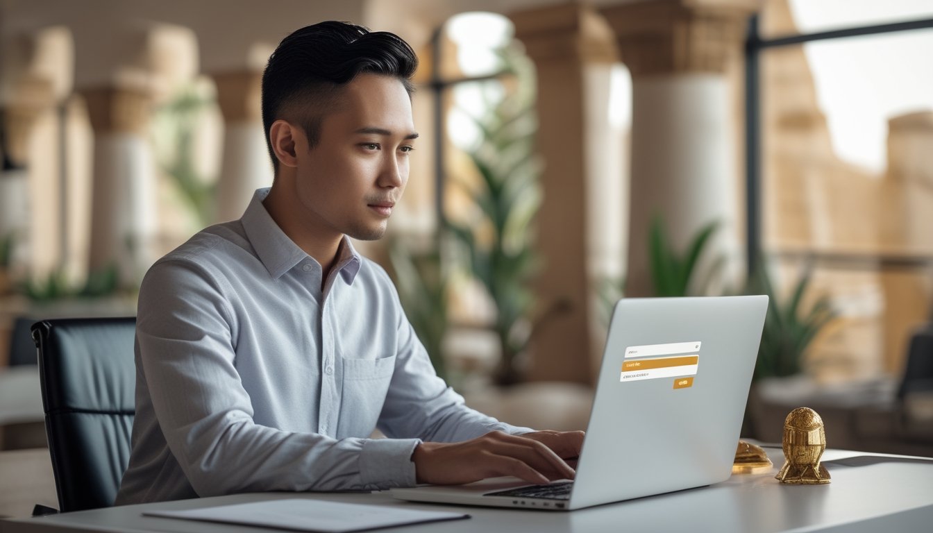 Orang dewasa menggunakan laptop untuk mengisi formulir pendaftaran daring di meja kerja modern dengan dekorasi bernuansa Mesir kuno.