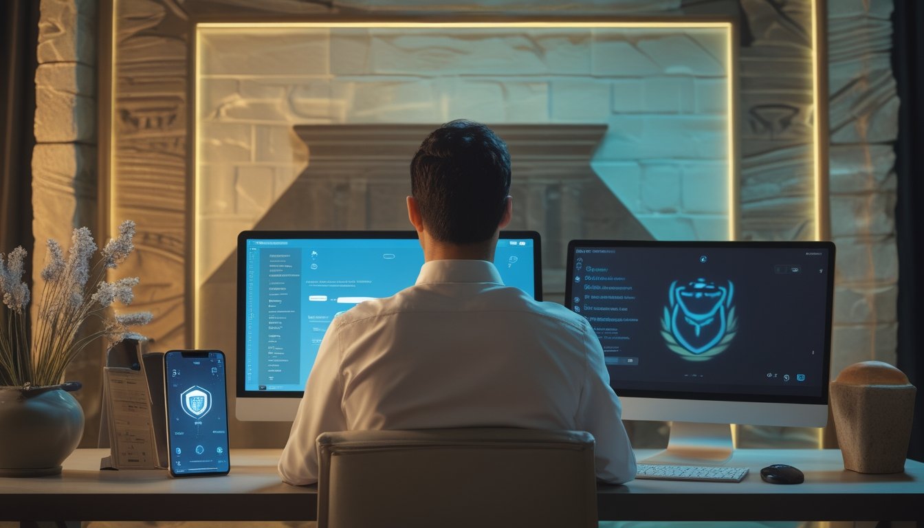 Seseorang memeriksa keamanan situs web melalui laptop dan ponsel di meja kerja.