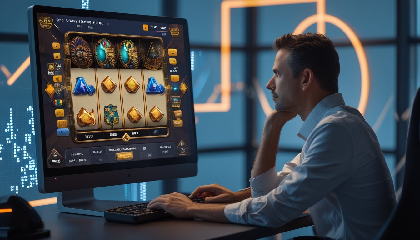 Seorang pemain mengamati hasil permainan slot digital dengan elemen visual yang menggambarkan keacakan dan probabilitas.