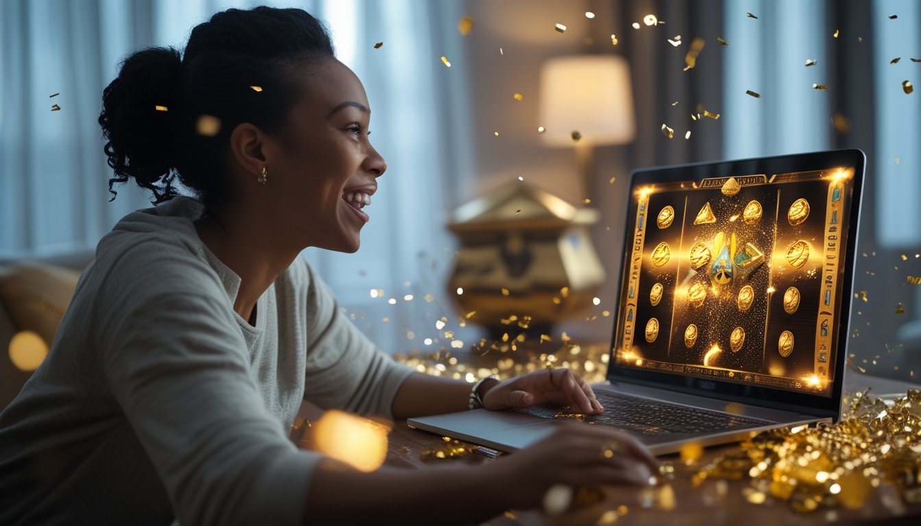 Seorang pemain dewasa tersenyum gembira di depan laptop dengan nuansa dekorasi Mesir kuno dan cahaya keemasan.