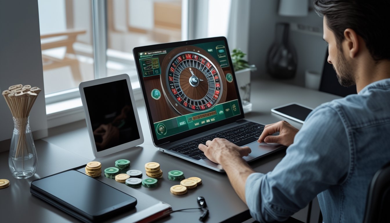 Pemula mempelajari permainan roulette online di laptop dengan roda roulette dan keping taruhan di meja.