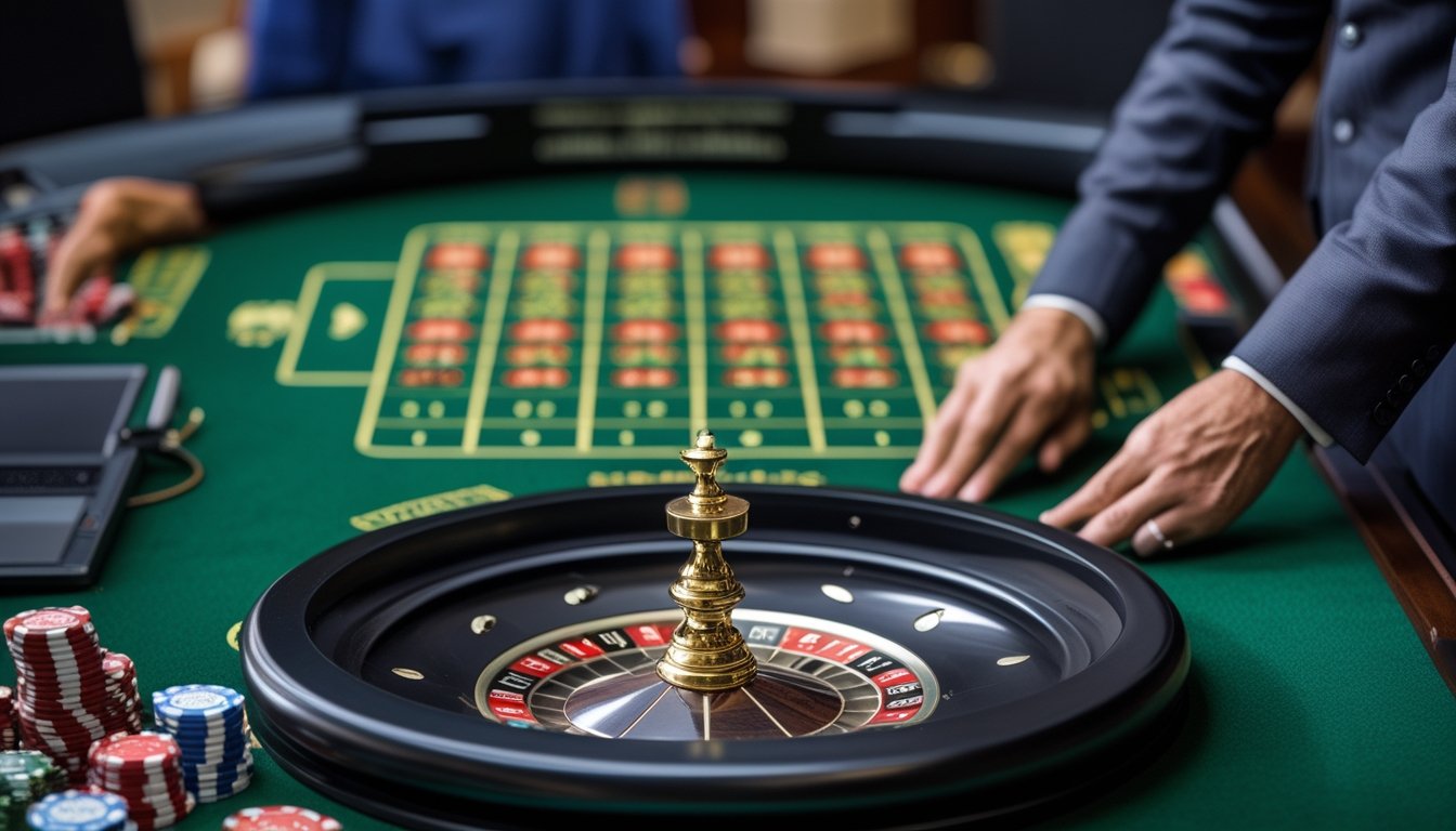 Meja roulette dengan roda roulette, keping taruhan, dan tangan dealer yang menata keping di area taruhan.