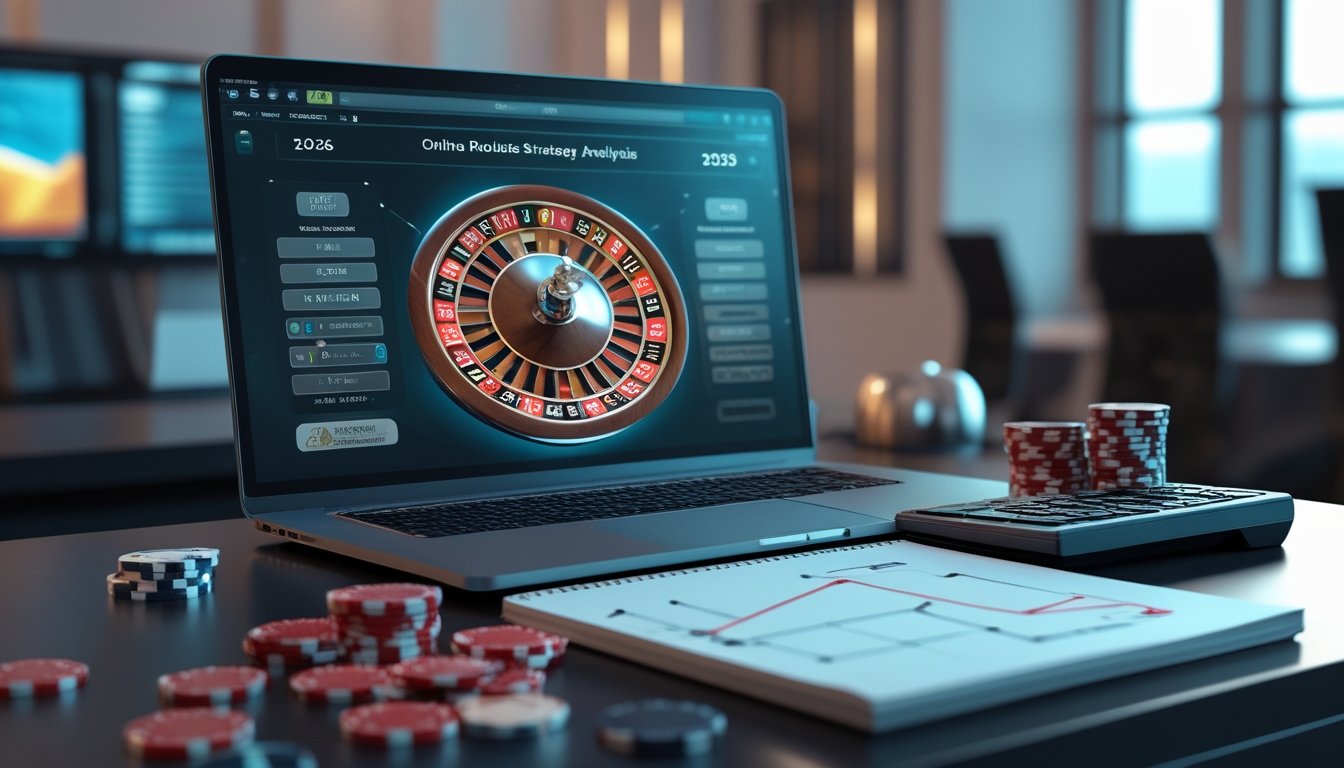 Meja modern dengan laptop, roda roulette, keping kasino, kalkulator, dan catatan analisis.