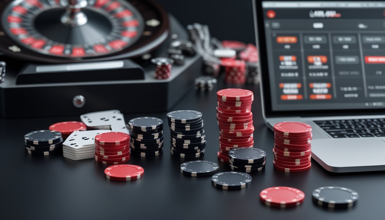 Roda roulette, keping taruhan merah dan hitam, serta laptop dengan tampilan kasino yang buram di atas meja.
