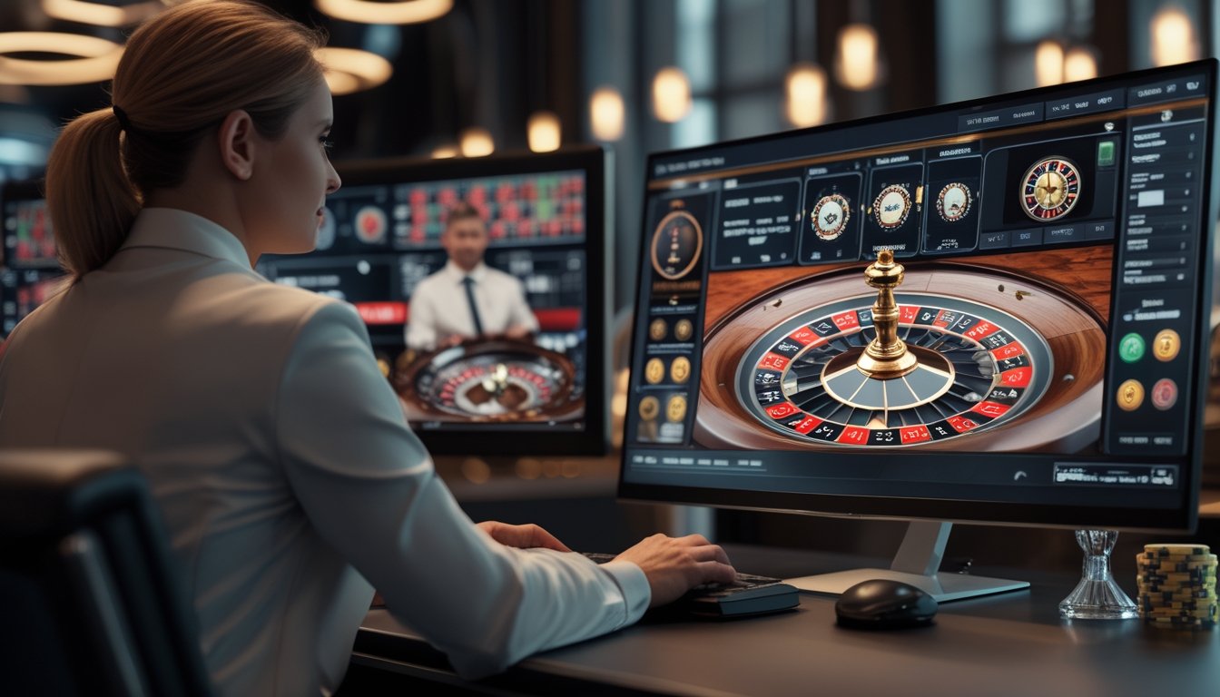 Seseorang menganalisis putaran roda roulette pada layar komputer dengan grafik dan dealer langsung di layar kedua.