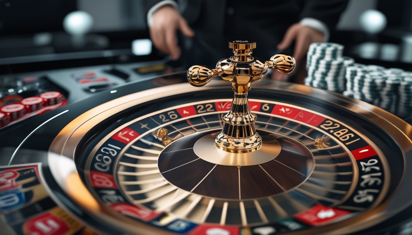 Roda roulette berputar dengan bola yang bergerak di antara keping taruhan dan tangan dealer.