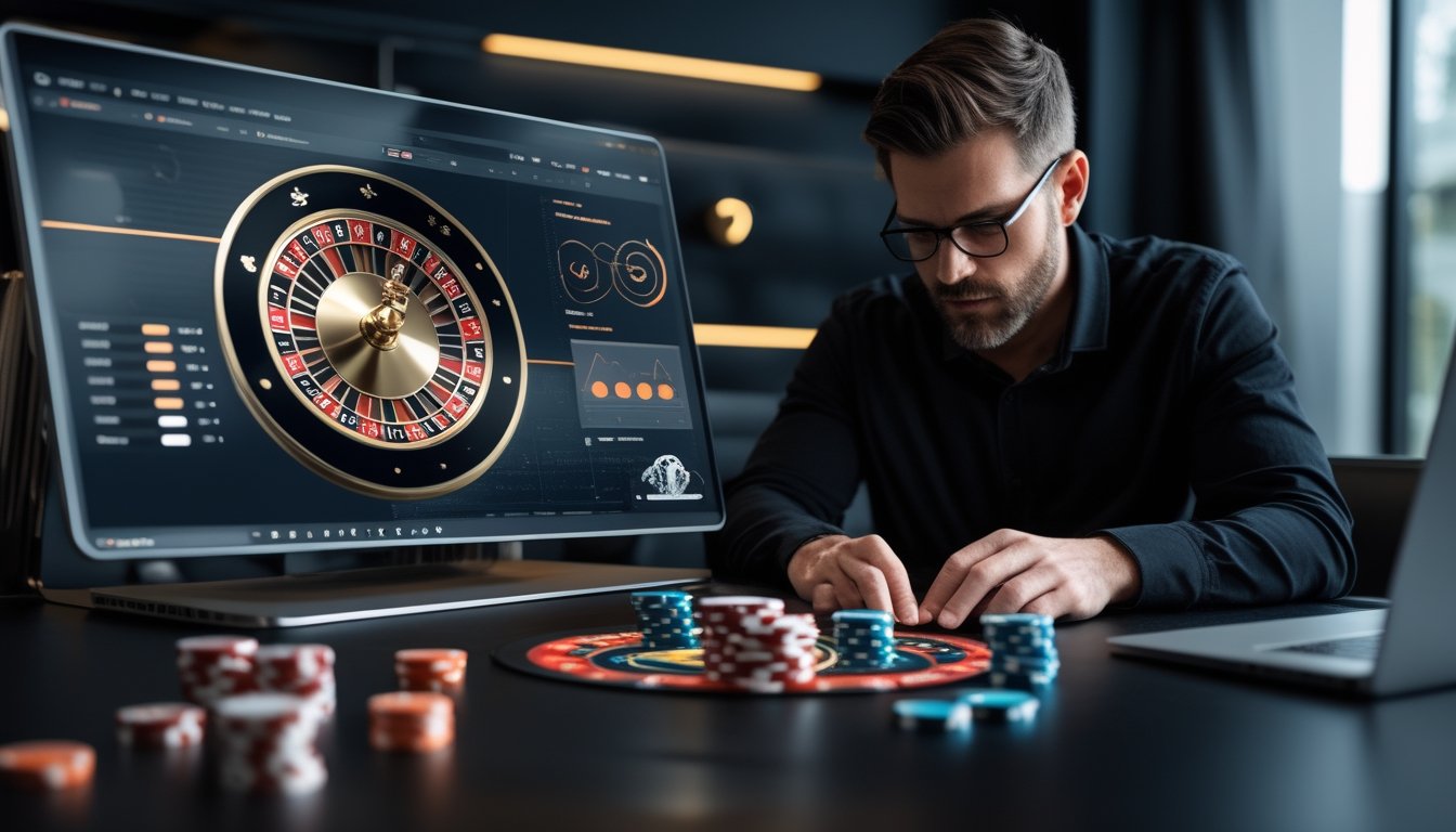 Seseorang menganalisis roda roulette, chip kasino, dan grafik probabilitas di meja kerja modern.