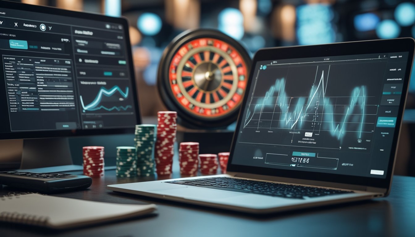 Roda roulette, chip permainan, laptop dengan grafik analisis, dan kalkulator di atas meja.