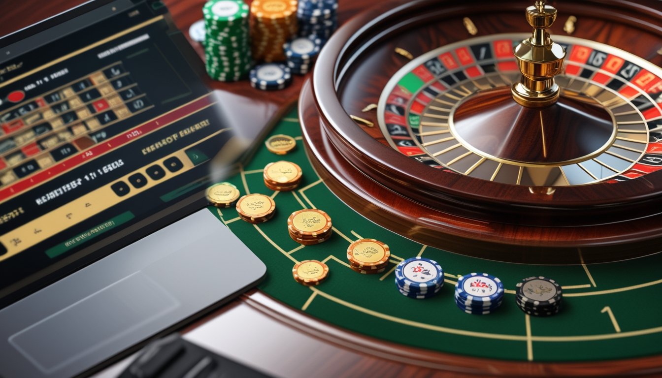 Roda roulette dan keping taruhan tersusun di atas meja kasino dengan perangkat digital di latar belakang.