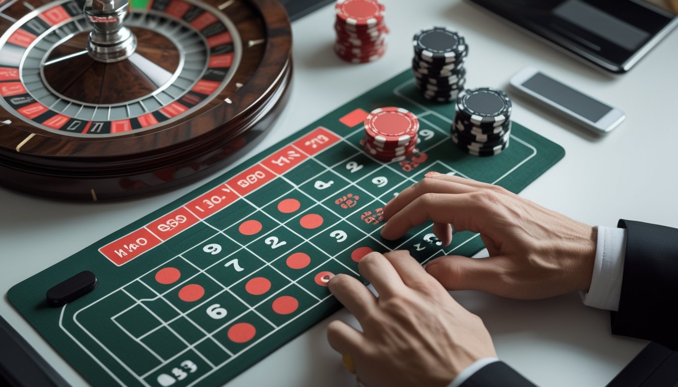 Tampilan roulette online dengan roda roulette, chip taruhan, dan area taruhan dalam serta luar.