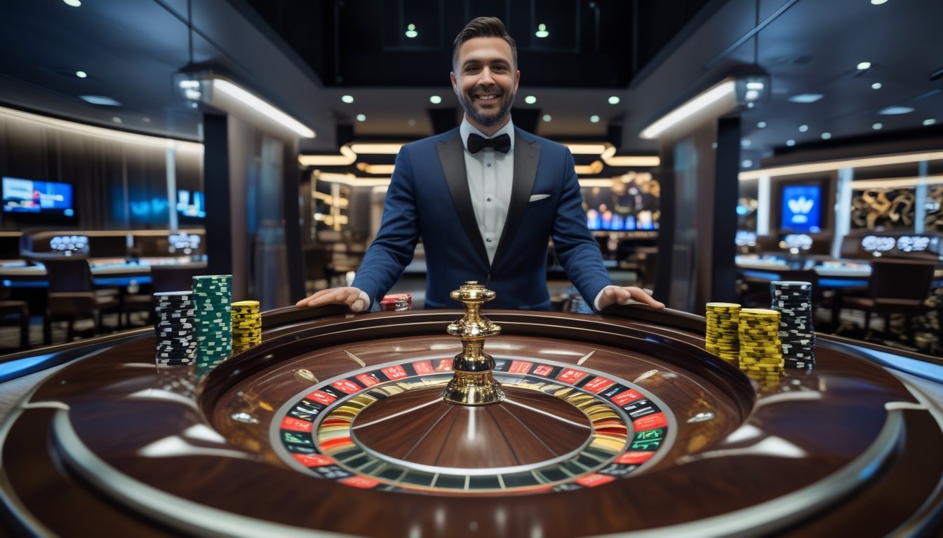 Dealer roulette berdiri di belakang meja roulette dengan roda dan keping taruhan di studio modern.