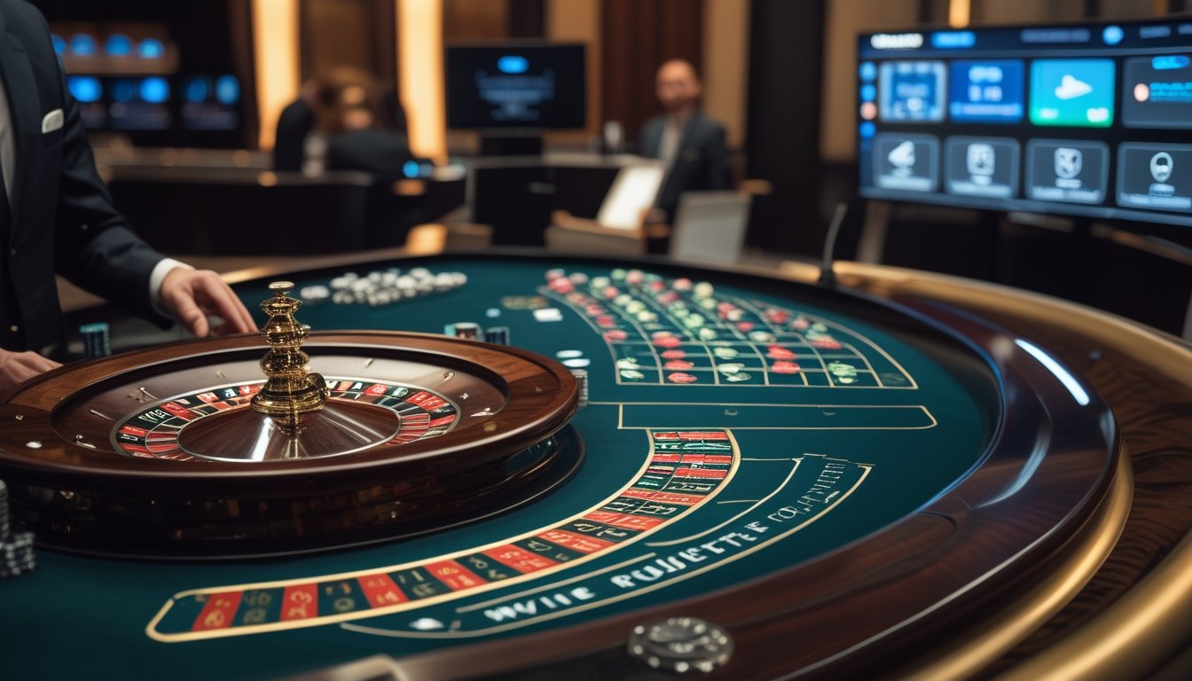 Dealer mengoperasikan meja roulette langsung dengan roda roulette dan keping taruhan di studio kasino.