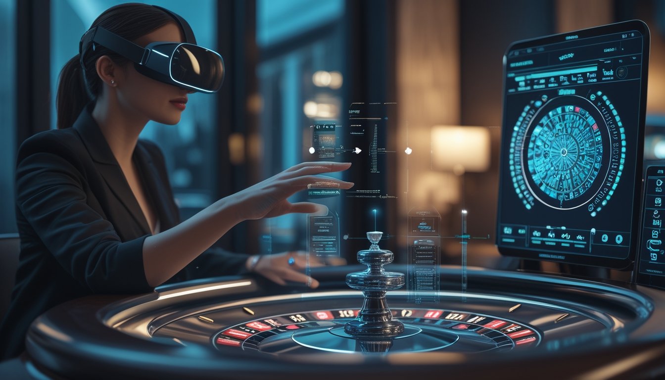 Seseorang memakai headset realitas virtual dan berinteraksi dengan meja roulette digital futuristik yang didukung teknologi AI.