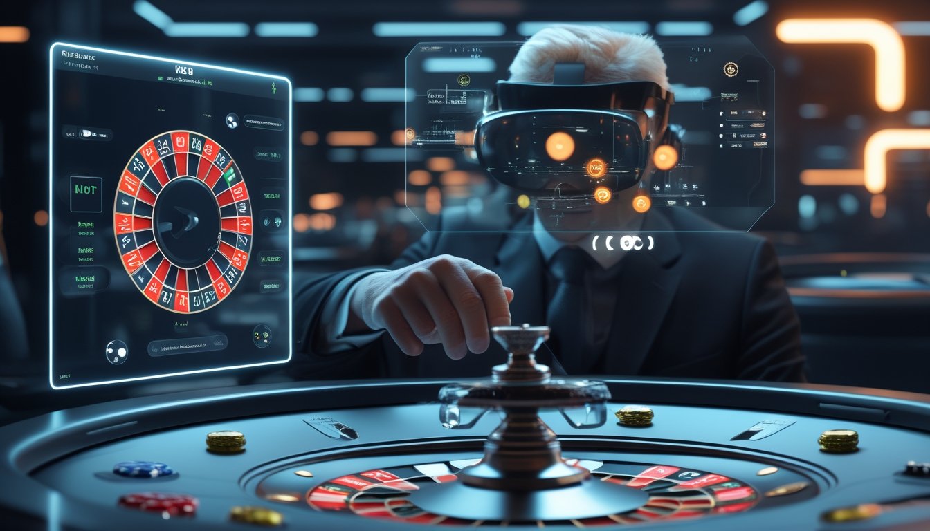 Pemain menggunakan kacamata realitas virtual untuk berinteraksi dengan roda roulette digital futuristik.