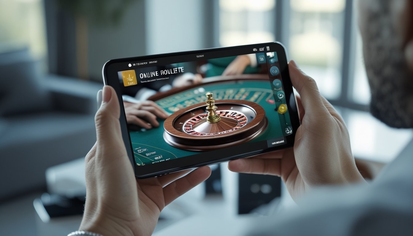 Seseorang memegang ponsel Android yang menampilkan siaran langsung permainan roulette.