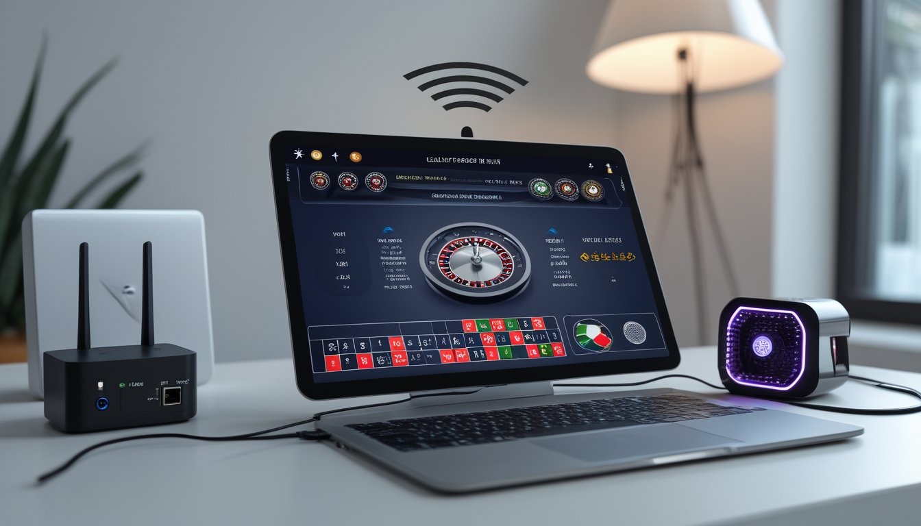 Ponsel Android terhubung ke Wi-Fi, pengisi daya, dan pendingin untuk streaming roulette online.