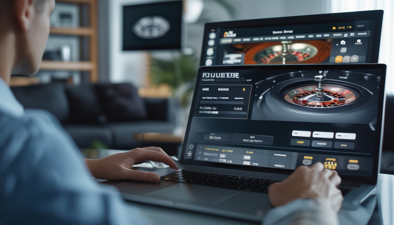 Seseorang memainkan roulette online melalui laptop dengan roda roulette yang sedang berputar.