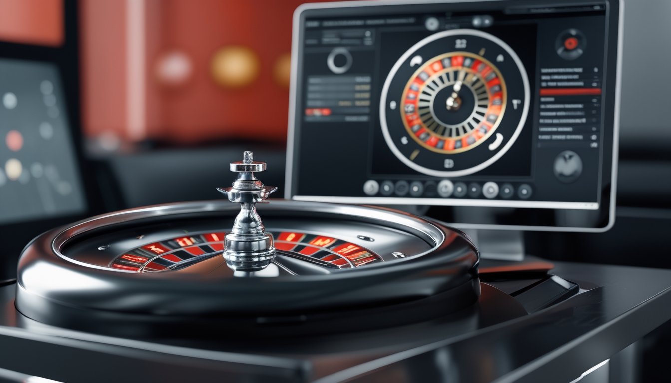 Roda roulette berputar di depan layar komputer dengan tampilan permainan digital.