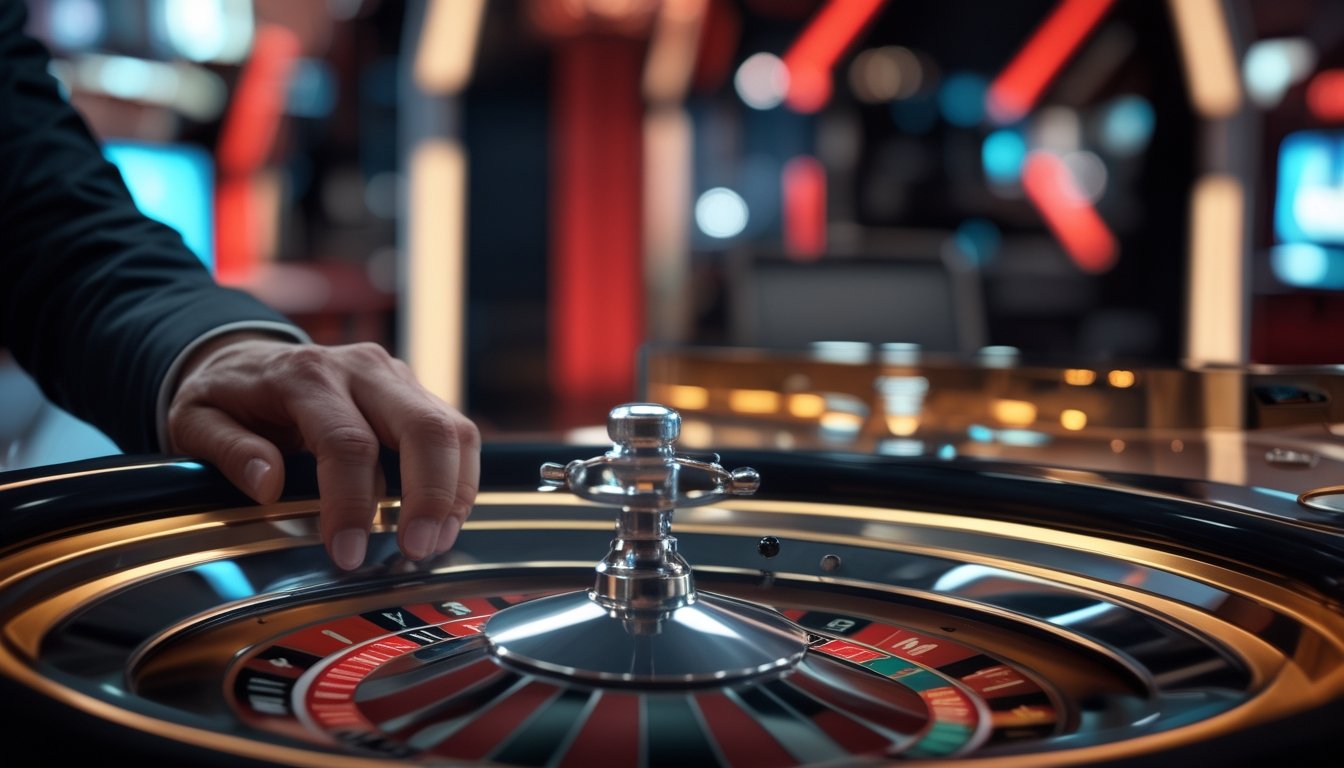 Roda roulette modern dengan bola putih di samping perangkat digital dalam suasana kasino elegan.