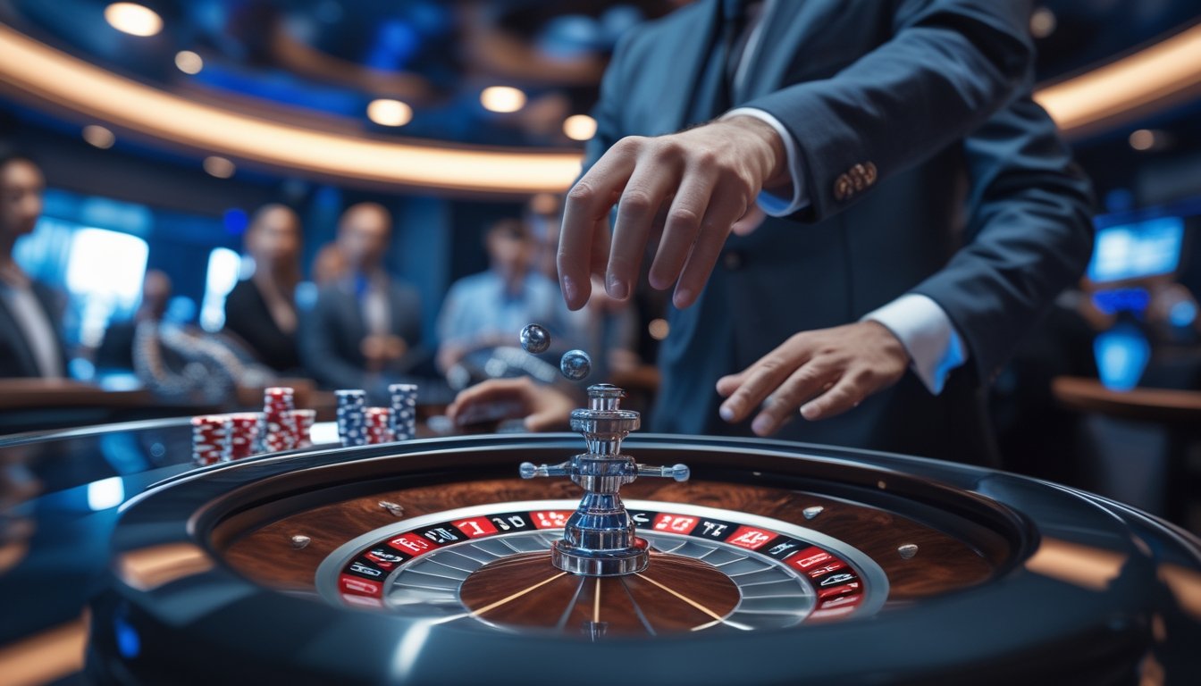 Roda roulette diputar di ruang kasino modern dengan layar digital besar dan suasana pencahayaan biru serta merah.
