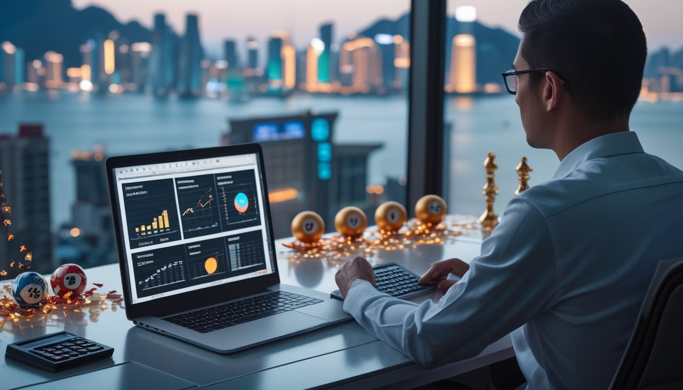 Seorang analis meninjau data di meja kerja dengan pemandangan kota Macau dan bola lotre tanpa tanda.