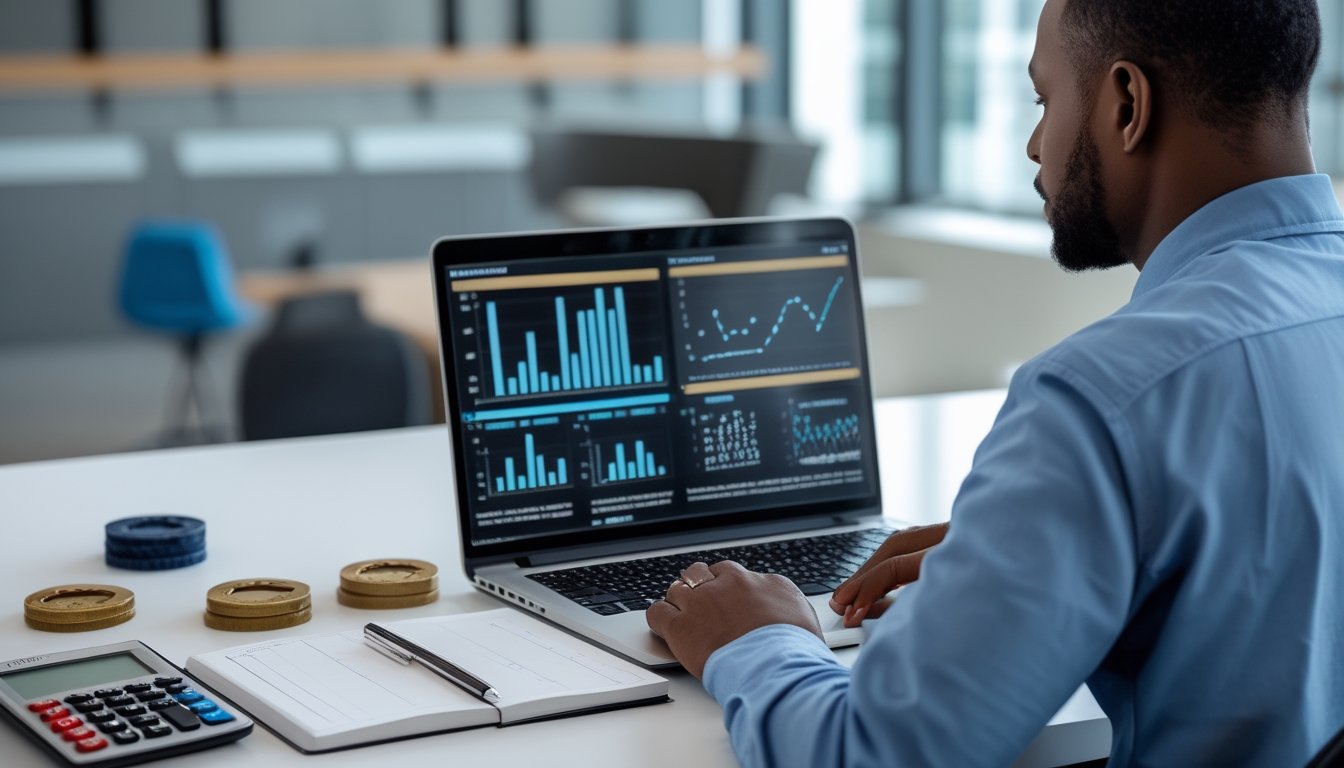 Seorang analis meninjau grafik probabilitas abstrak di meja kerja modern.