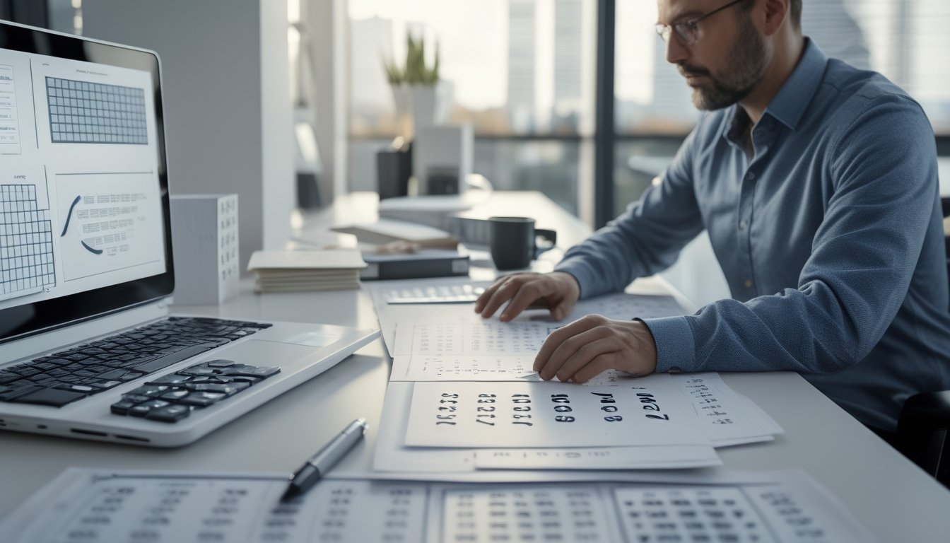 Seorang analis mempelajari kombinasi angka dan grafik probabilitas di meja kerja modern.